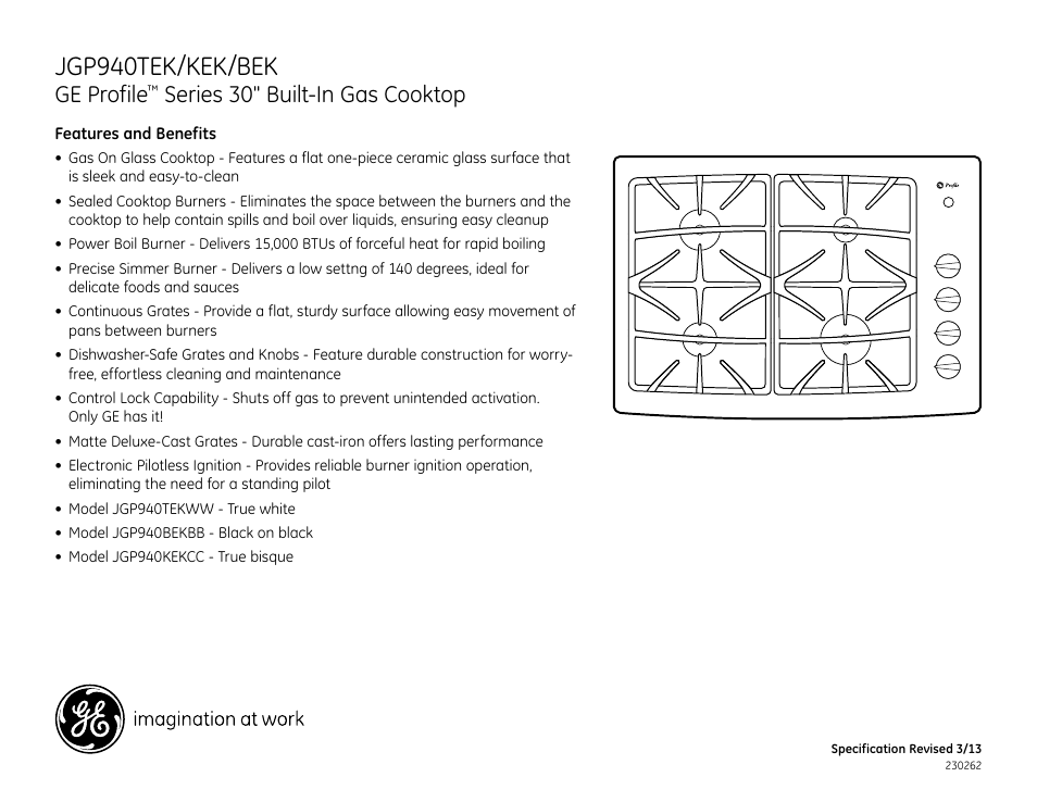 Jgp940tek/kek/bek, Ge profile, Series 30" built-in gas cooktop | GE JGP940TEKWW User Manual | Page 2 / 2