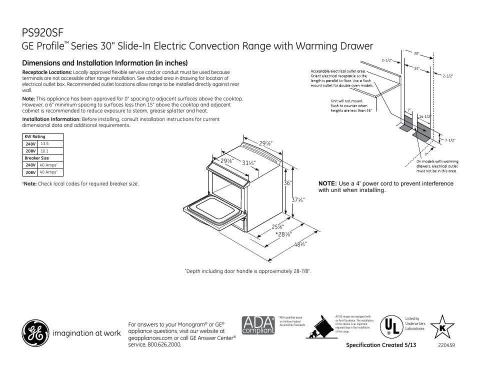 GE PS920SFSS User Manual | 2 pages