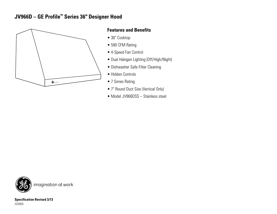 Jv966d – ge profile, Series 36" designer hood | GE JV966DSS User Manual | Page 2 / 2
