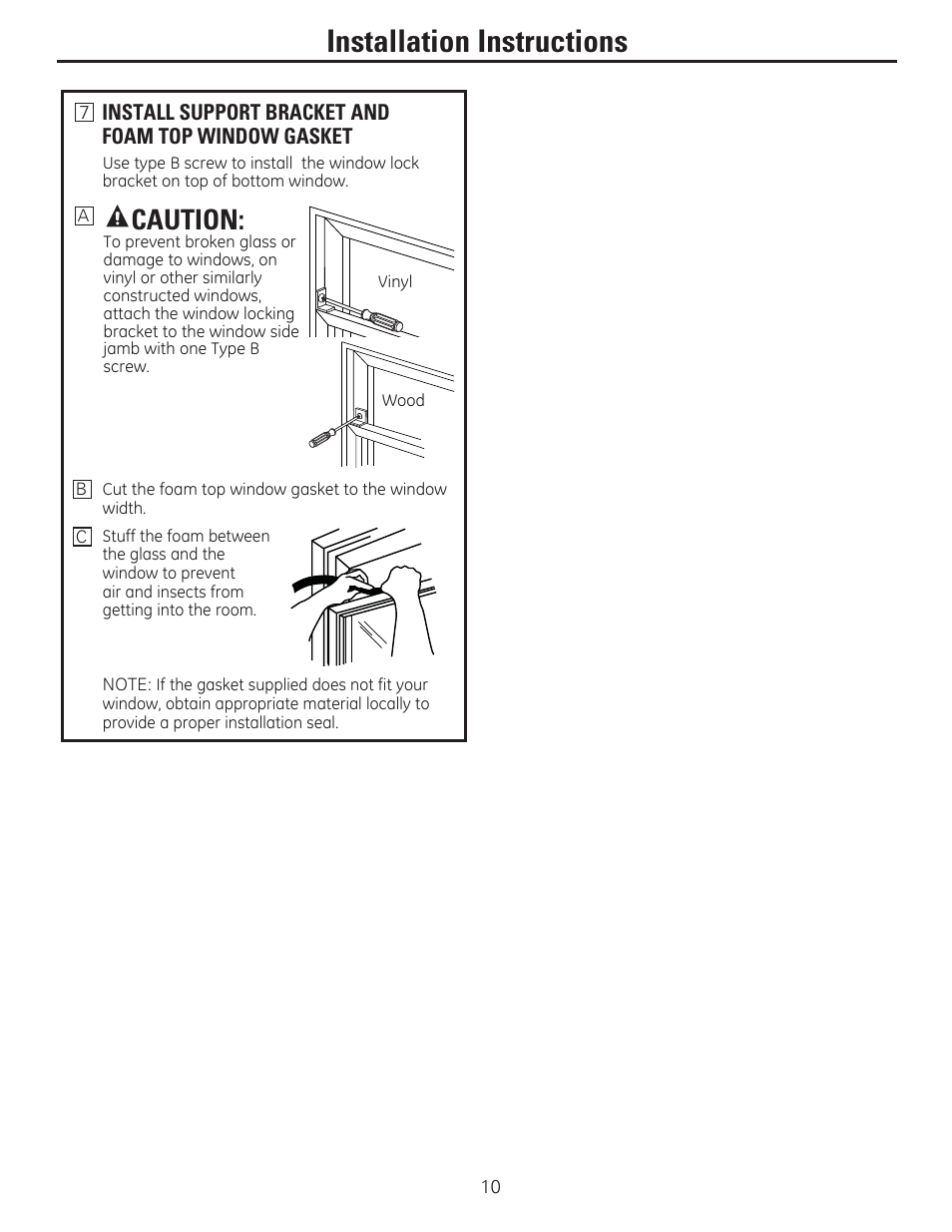 Installation instructions, Caution | GE AHV05LR User Manual | Page 10 / 28