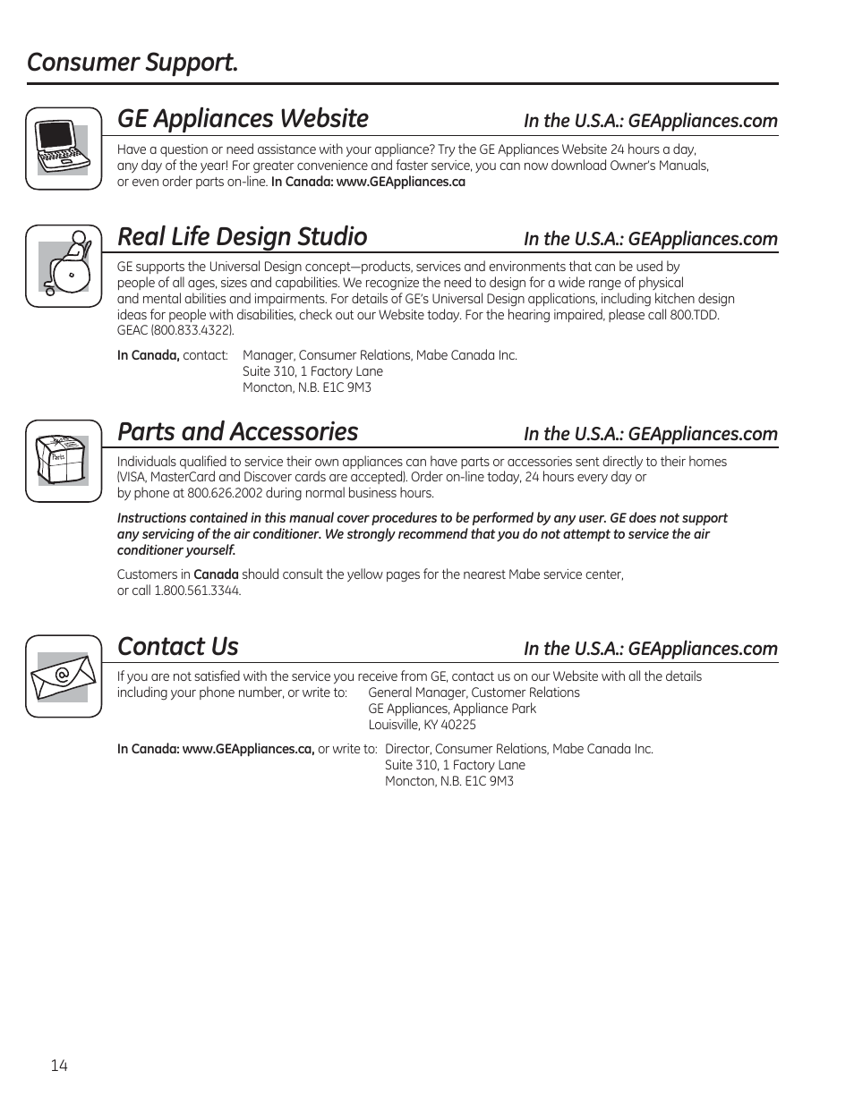 Consumer support. ge appliances website, Real life design studio, Parts and accessories | Contact us | GE AHV05LR User Manual | Page 14 / 28