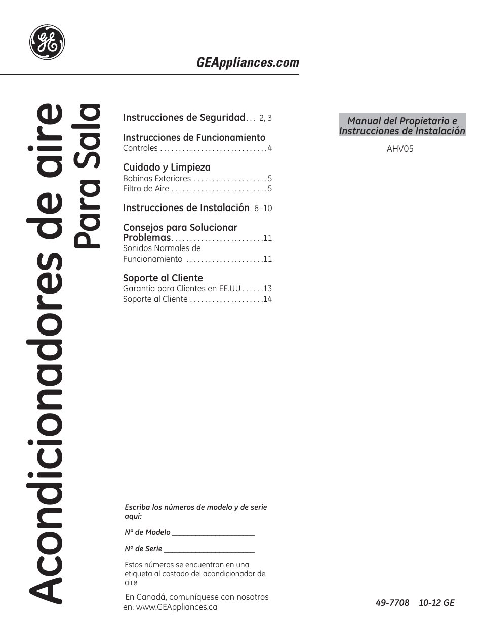 Acondicionadores de, Aire, Para sala | GE AHV05LR User Manual | Page 15 / 28