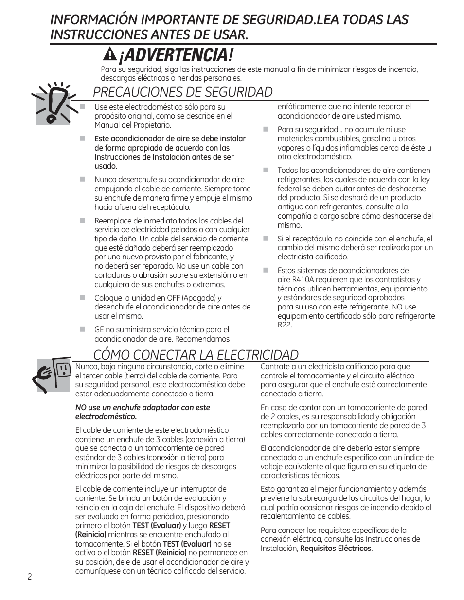 Advertencia, Precauciones de seguridad, Cómo conectar la electricidad | GE AHV05LR User Manual | Page 16 / 28