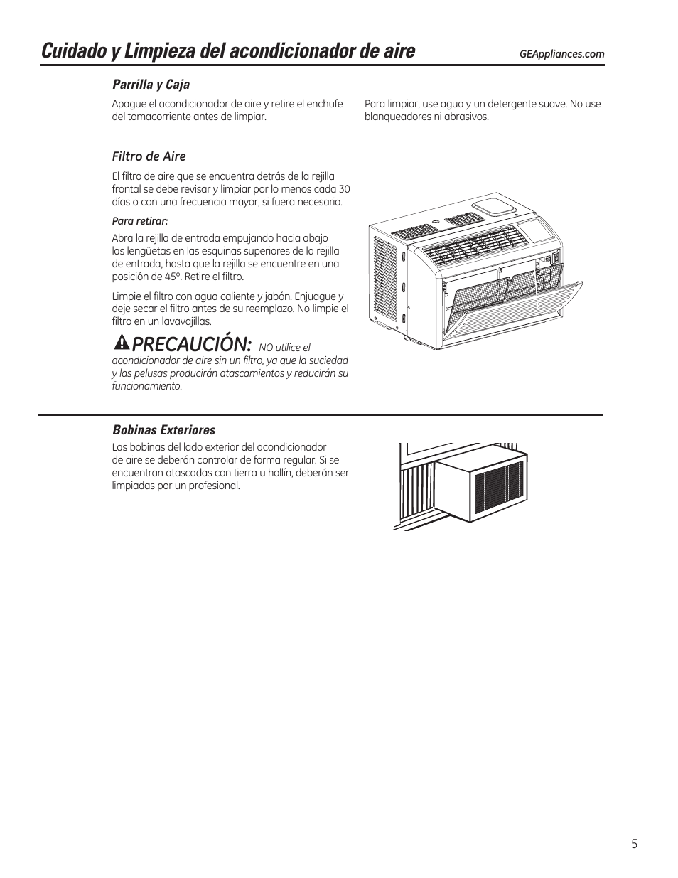 Cuidado y limpieza del acondicionador de aire, Precaución | GE AHV05LR User Manual | Page 19 / 28