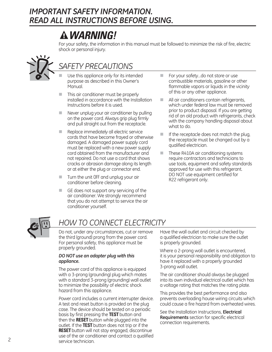 Warning, Safety precautions, How to connect electricity | GE AHV05LR User Manual | Page 2 / 28