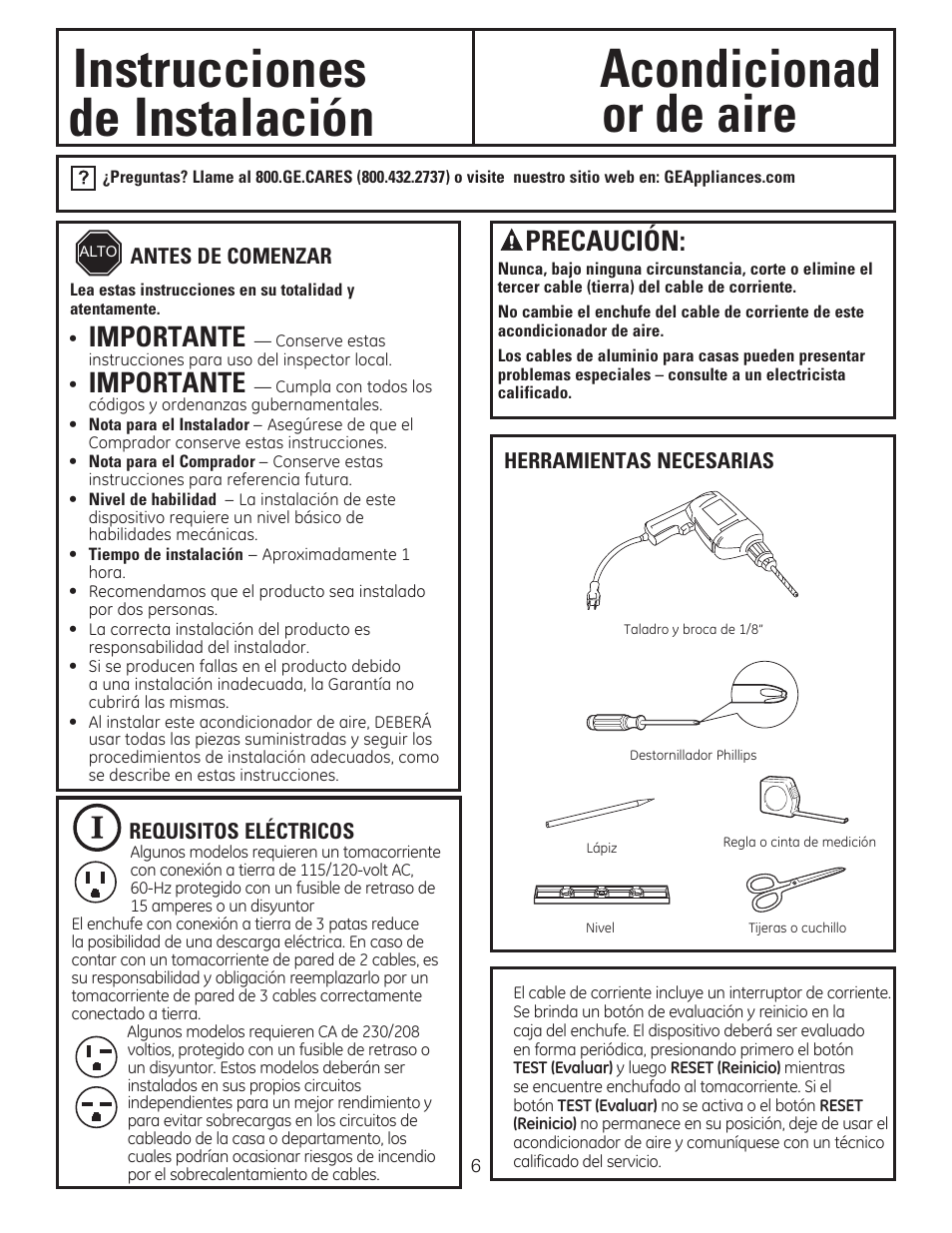 Instrucciones acondicionad, De instalación or de aire, Importante | Precaución | GE AHV05LR User Manual | Page 20 / 28