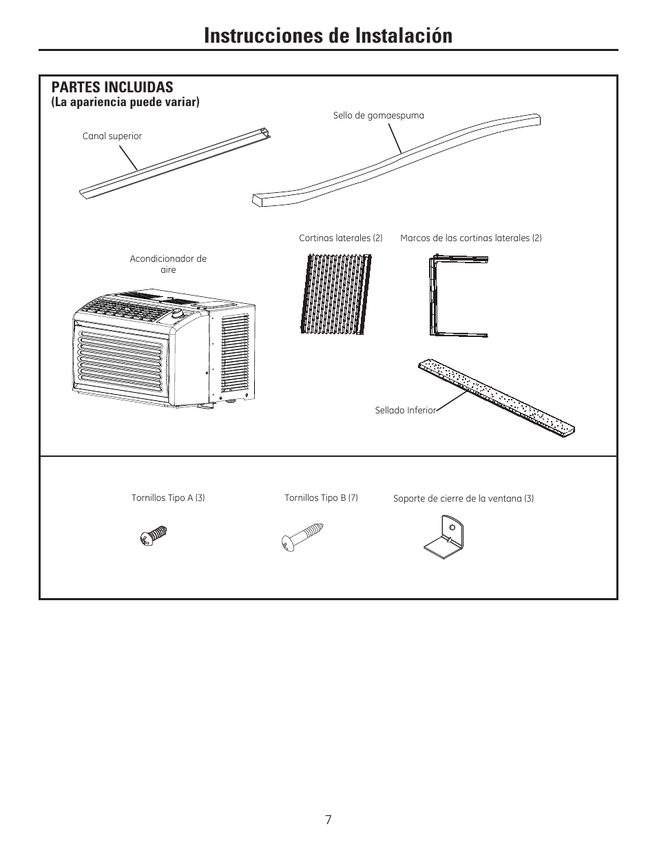 Instrucciones de instalación, Partes incluidas | GE AHV05LR User Manual | Page 21 / 28