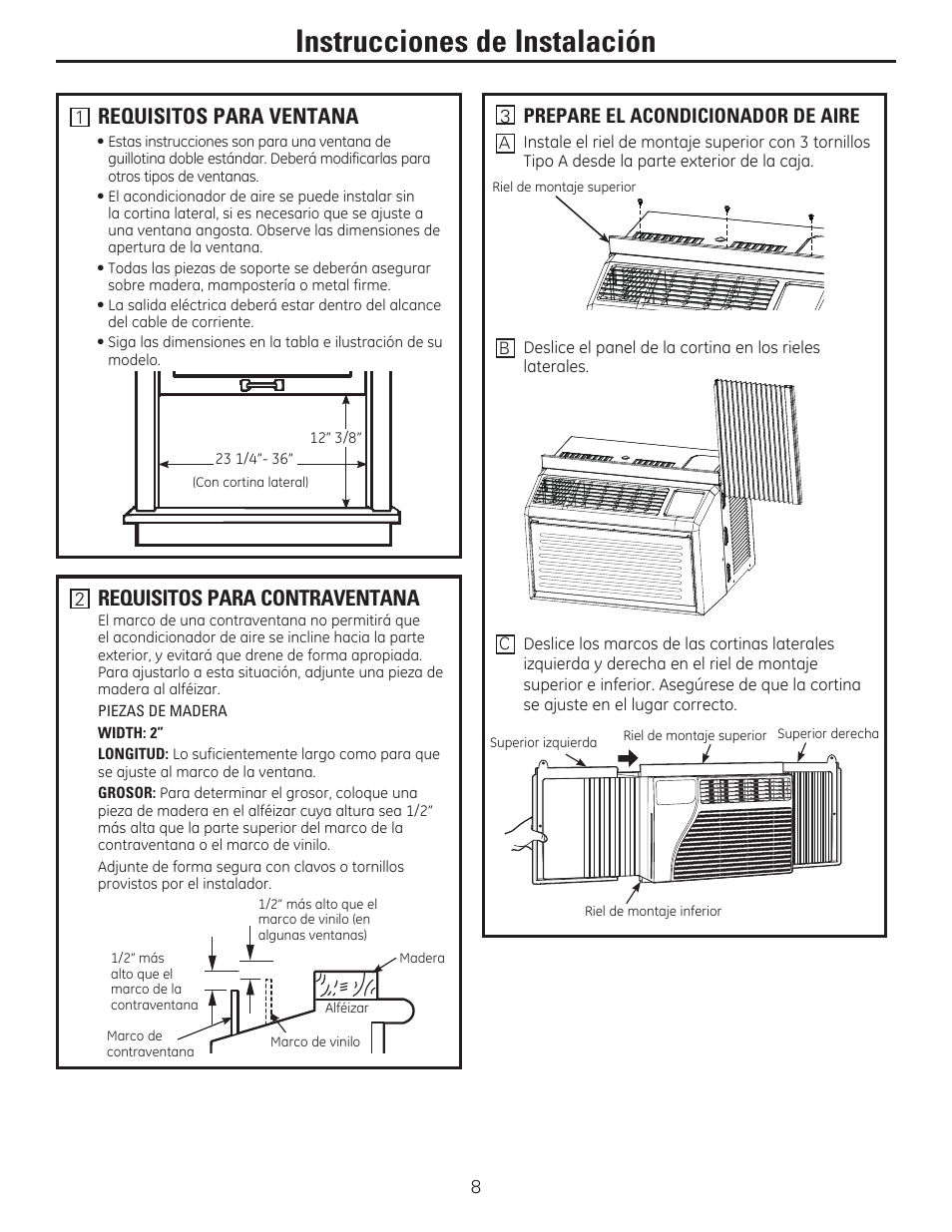 Instrucciones de instalación, Requisitos para contraventana, Requisitos para ventana | Prepare el acondicionador de aire | GE AHV05LR User Manual | Page 22 / 28