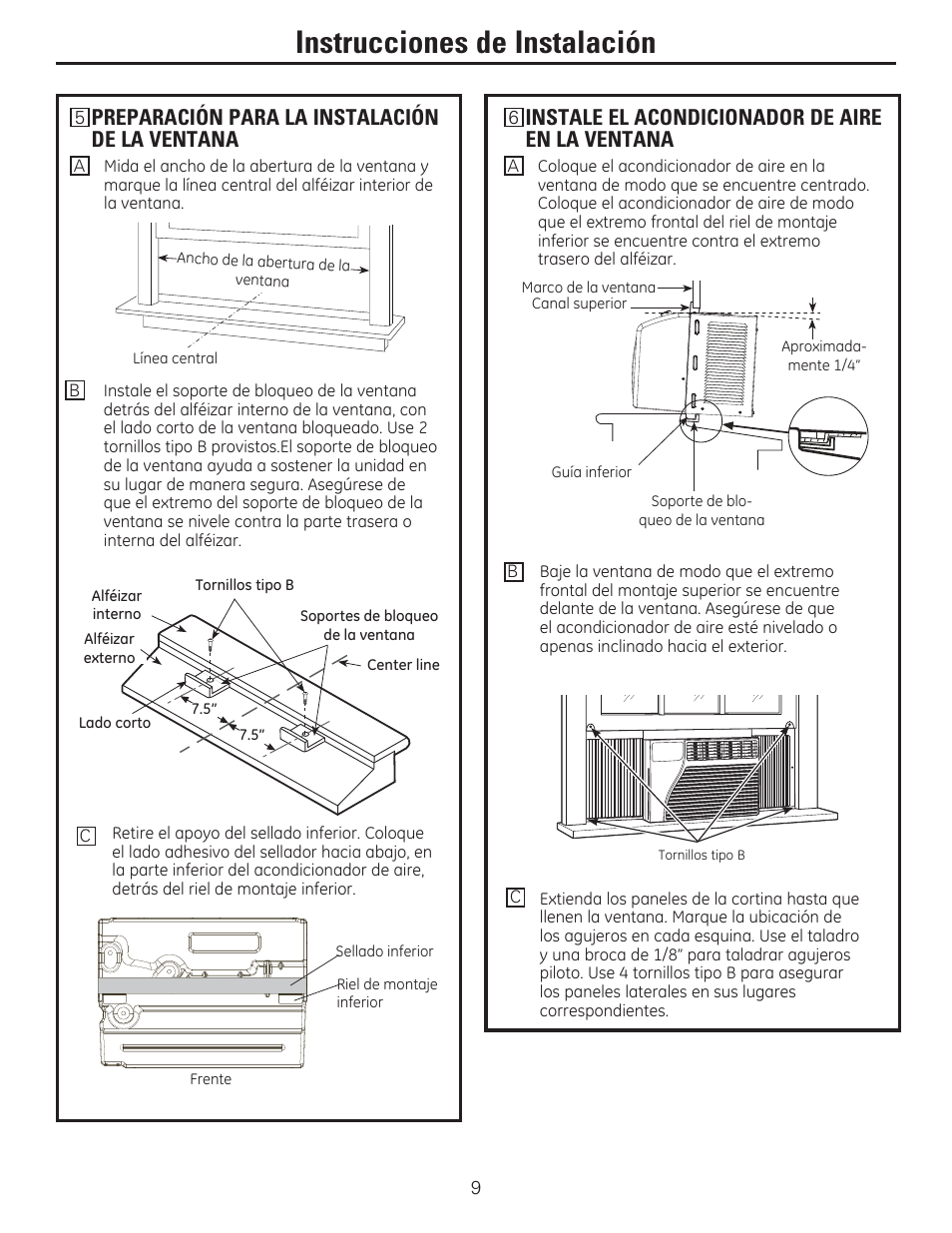 Instrucciones de instalación, Instale el acondicionador de aire en la ventana, Preparación para la instalación de la ventana | GE AHV05LR User Manual | Page 23 / 28