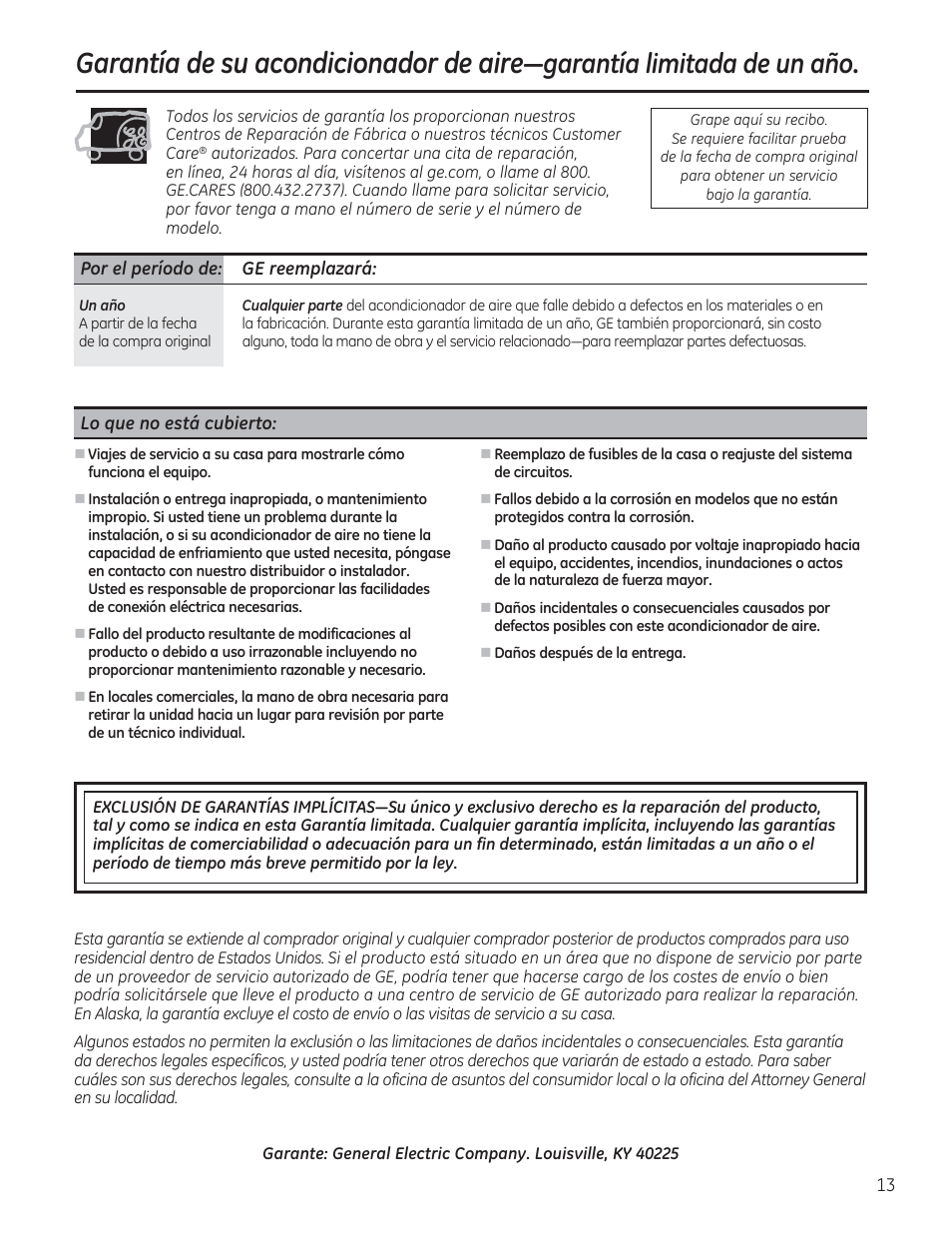 Garantía de su acondicionador de aire, Jdudqwtdolplwdgdghxqdxr | GE AHV05LR User Manual | Page 27 / 28