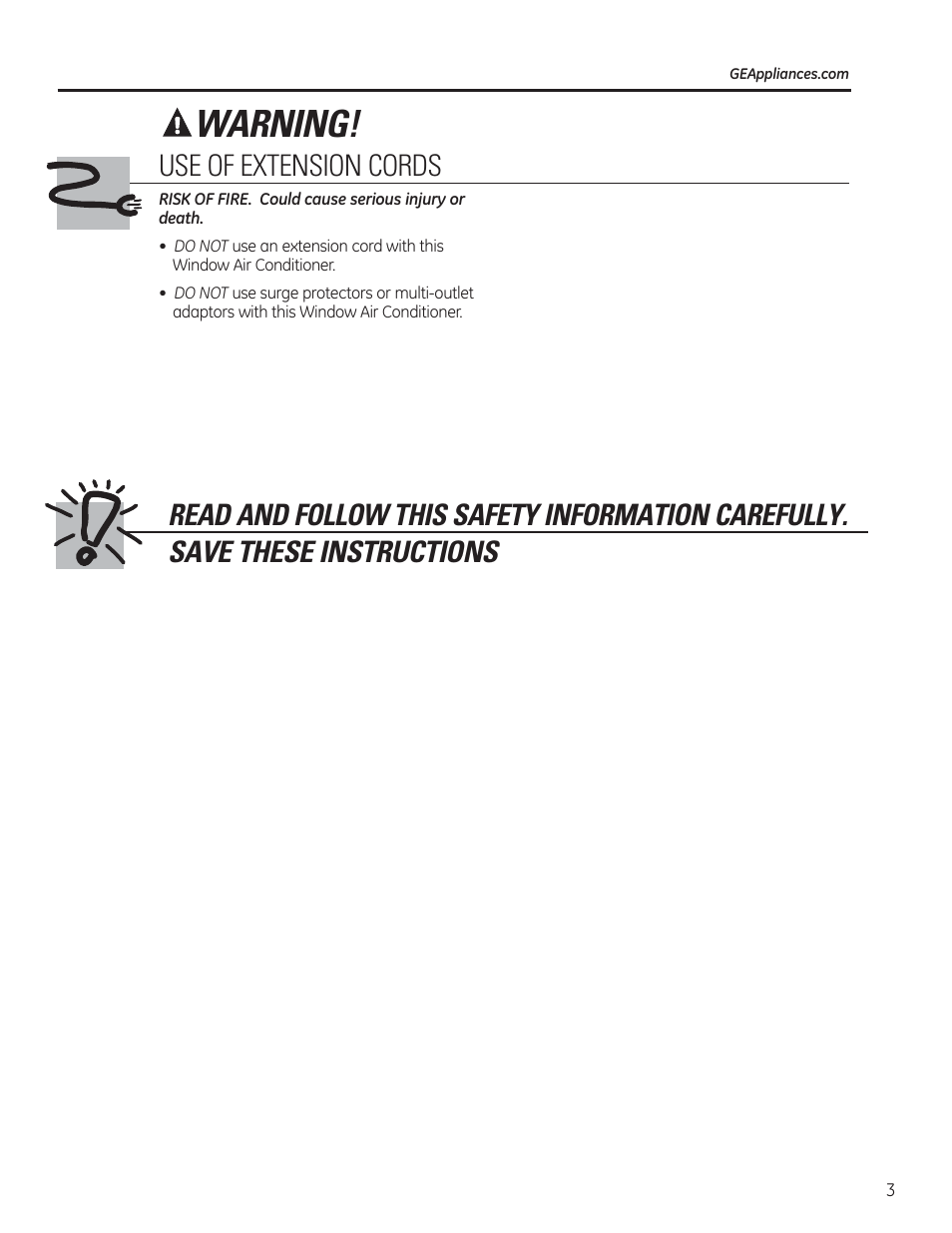 Warning | GE AHV05LR User Manual | Page 3 / 28