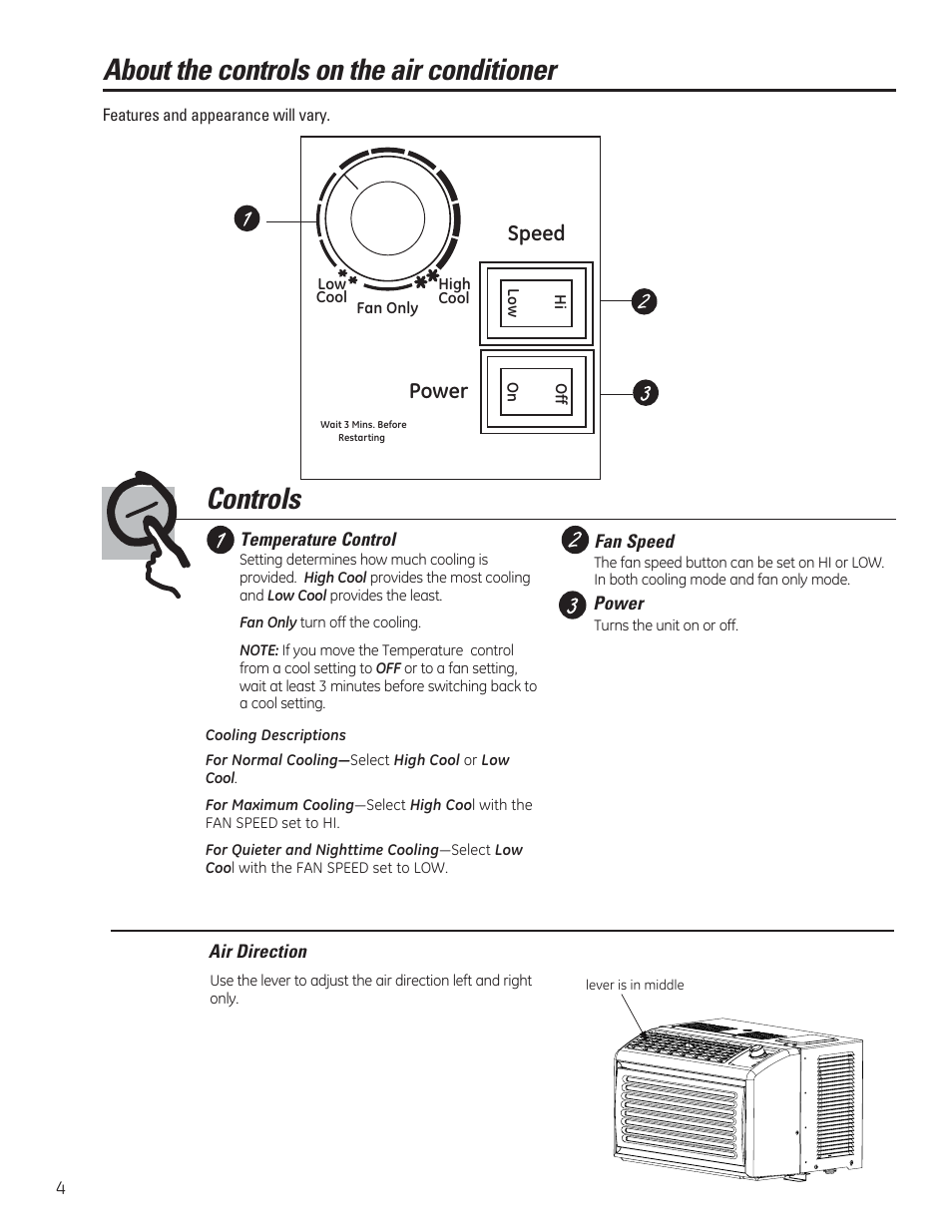 About the controls on the air conditioner, Controls, Speed | Power | GE AHV05LR User Manual | Page 4 / 28