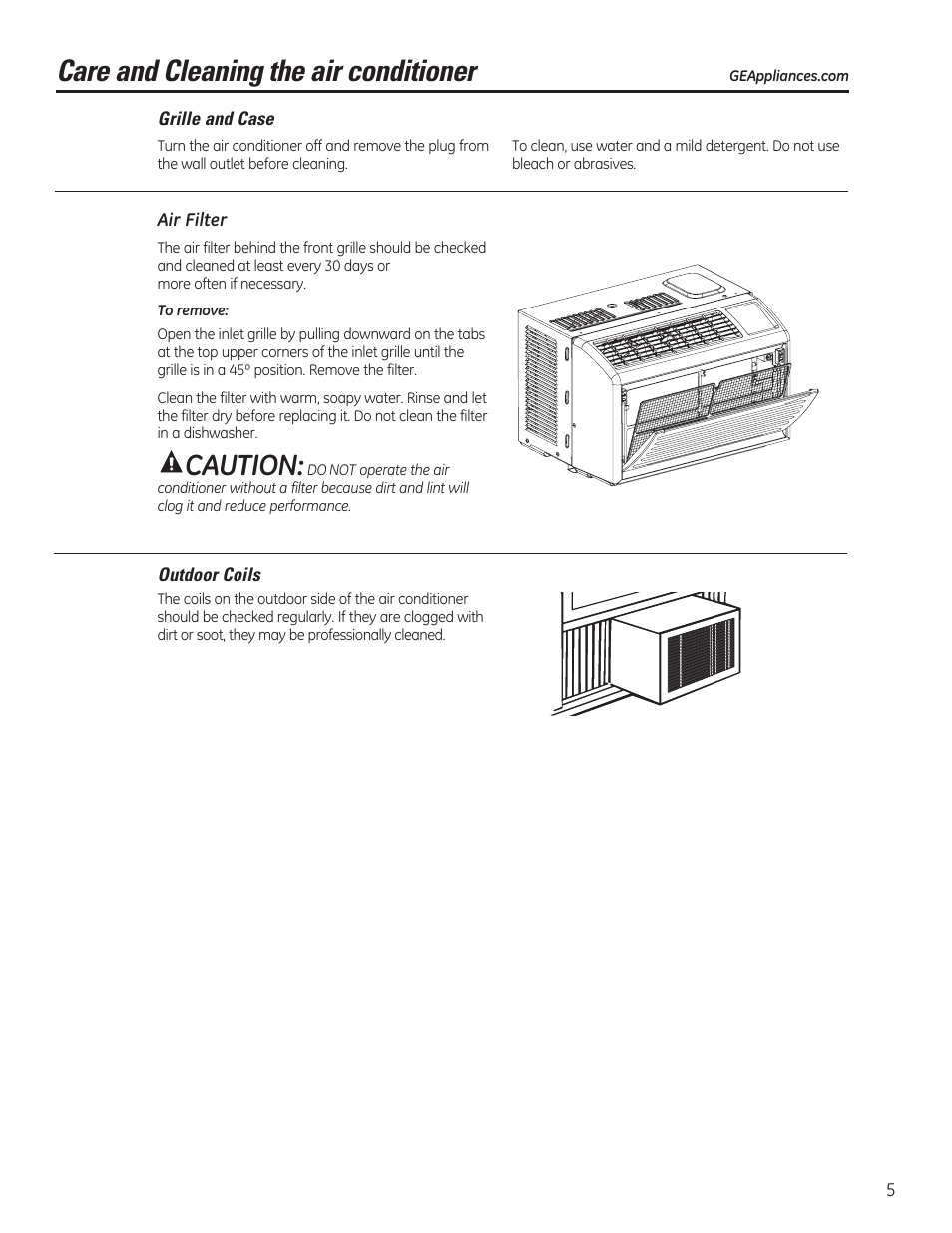 Care and cleaning the air conditioner, Caution | GE AHV05LR User Manual | Page 5 / 28