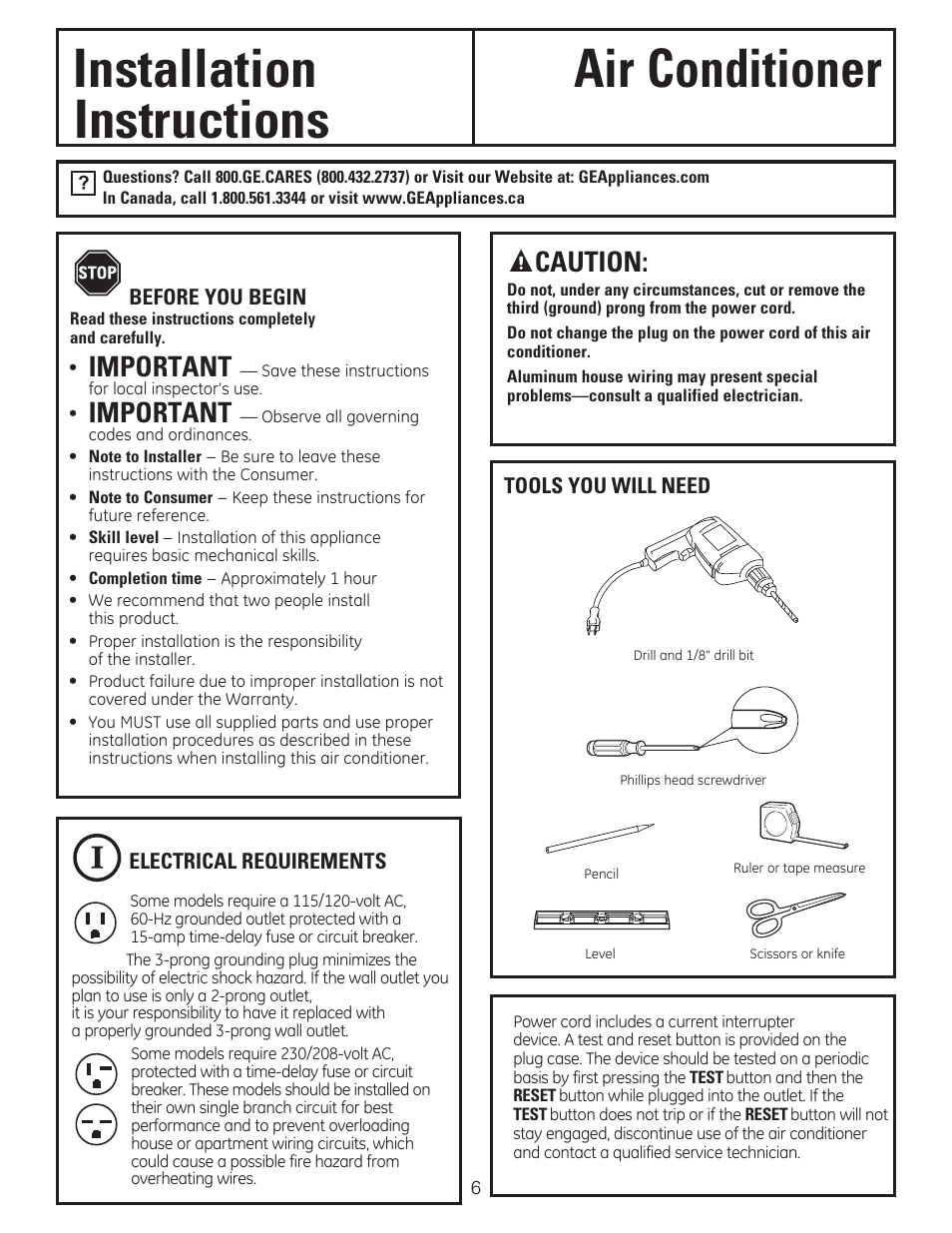 Installation air conditioner, Instructions, Important | Caution | GE AHV05LR User Manual | Page 6 / 28
