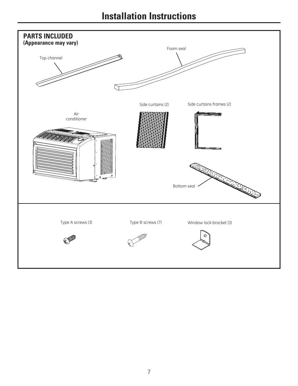 Installation instructions, Parts included | GE AHV05LR User Manual | Page 7 / 28
