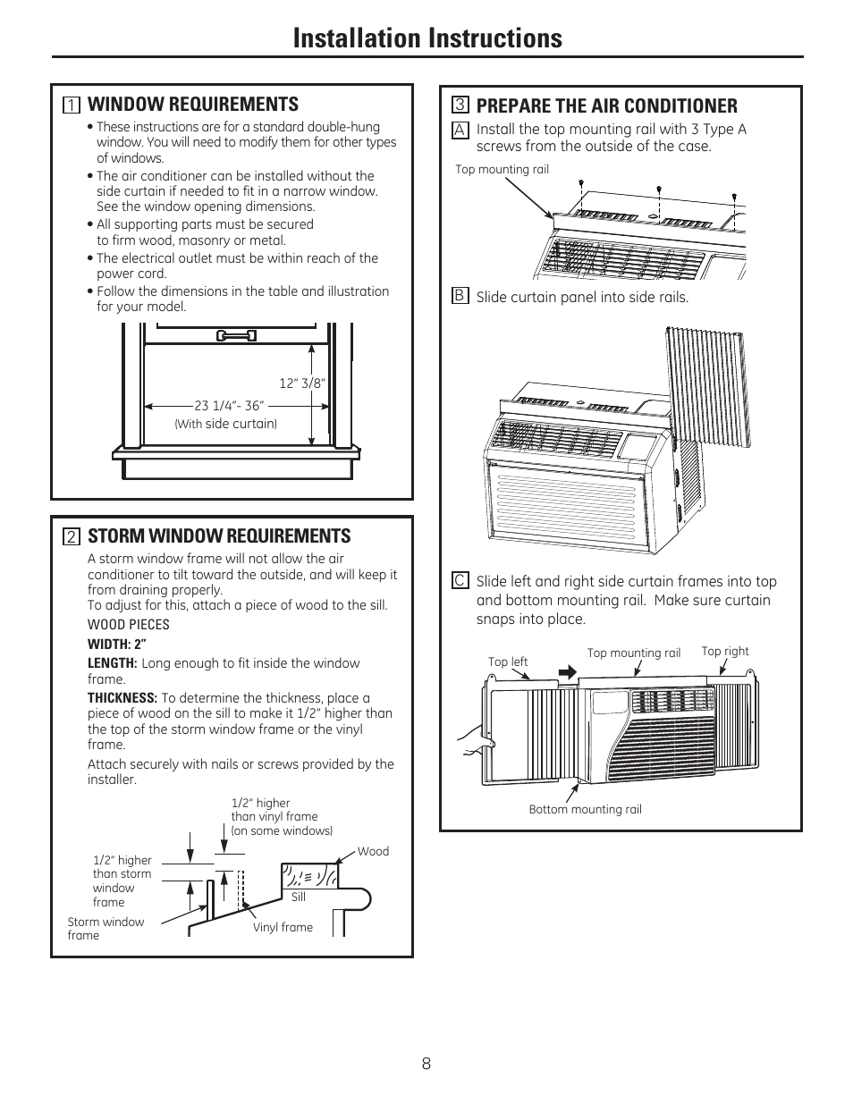 Installation instructions, Storm window requirements, Window requirements | Prepare the air conditioner | GE AHV05LR User Manual | Page 8 / 28