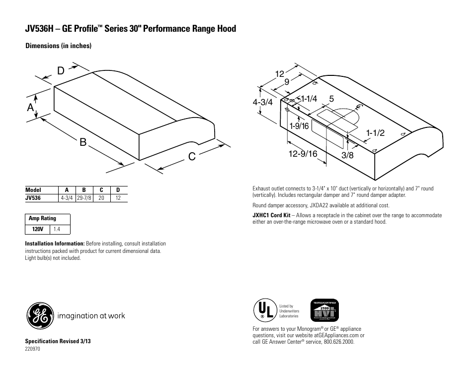 GE JV536HSS User Manual | 2 pages