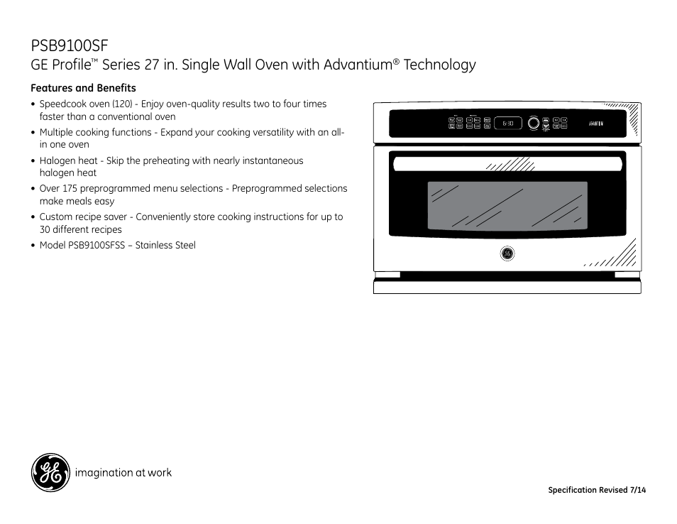 Psb9100sf, Ge profile, Series 27 in. single wall oven with advantium | Technology | GE PSB9100SFSS User Manual | Page 2 / 2