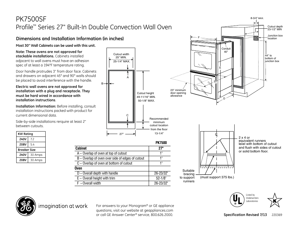 GE PK7500SFSS User Manual | 2 pages