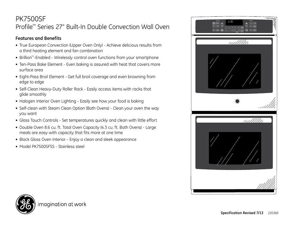 Pk7500sf, Pk7500sfss, Profile | Series 27" built-in double convection wall oven | GE PK7500SFSS User Manual | Page 2 / 2