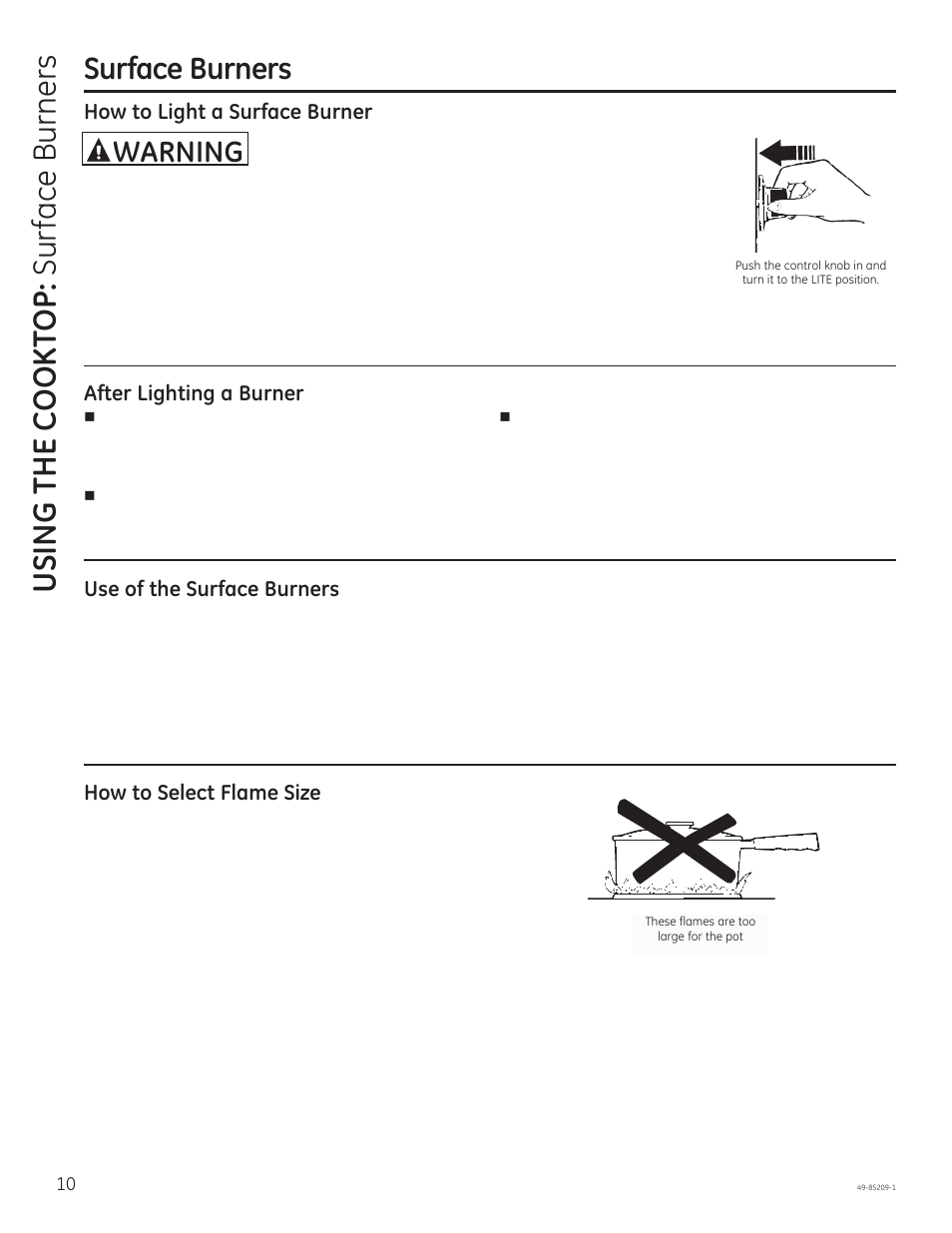 Using the c ook to p: su rface burners, Surface burners, Warning | GE JGBS10GEFSA User Manual | Page 10 / 24