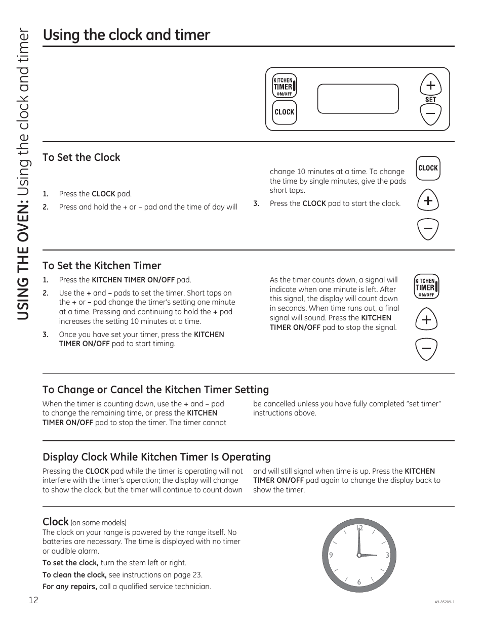 Using the clock and timer, Using the o ven: using the clock and timer | GE JGBS10GEFSA User Manual | Page 12 / 24