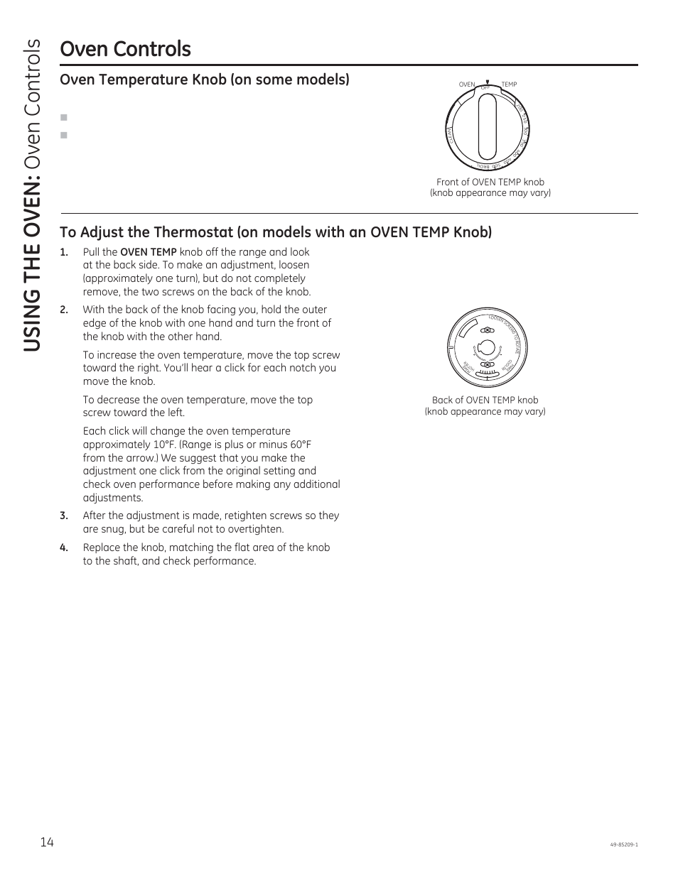 Using the o ven, Oven contr ols oven controls, Oven temperature knob (on some models) | Front of oven temp knob (knob appearance may vary), Back of oven temp knob (knob appearance may vary) | GE JGBS10GEFSA User Manual | Page 14 / 24