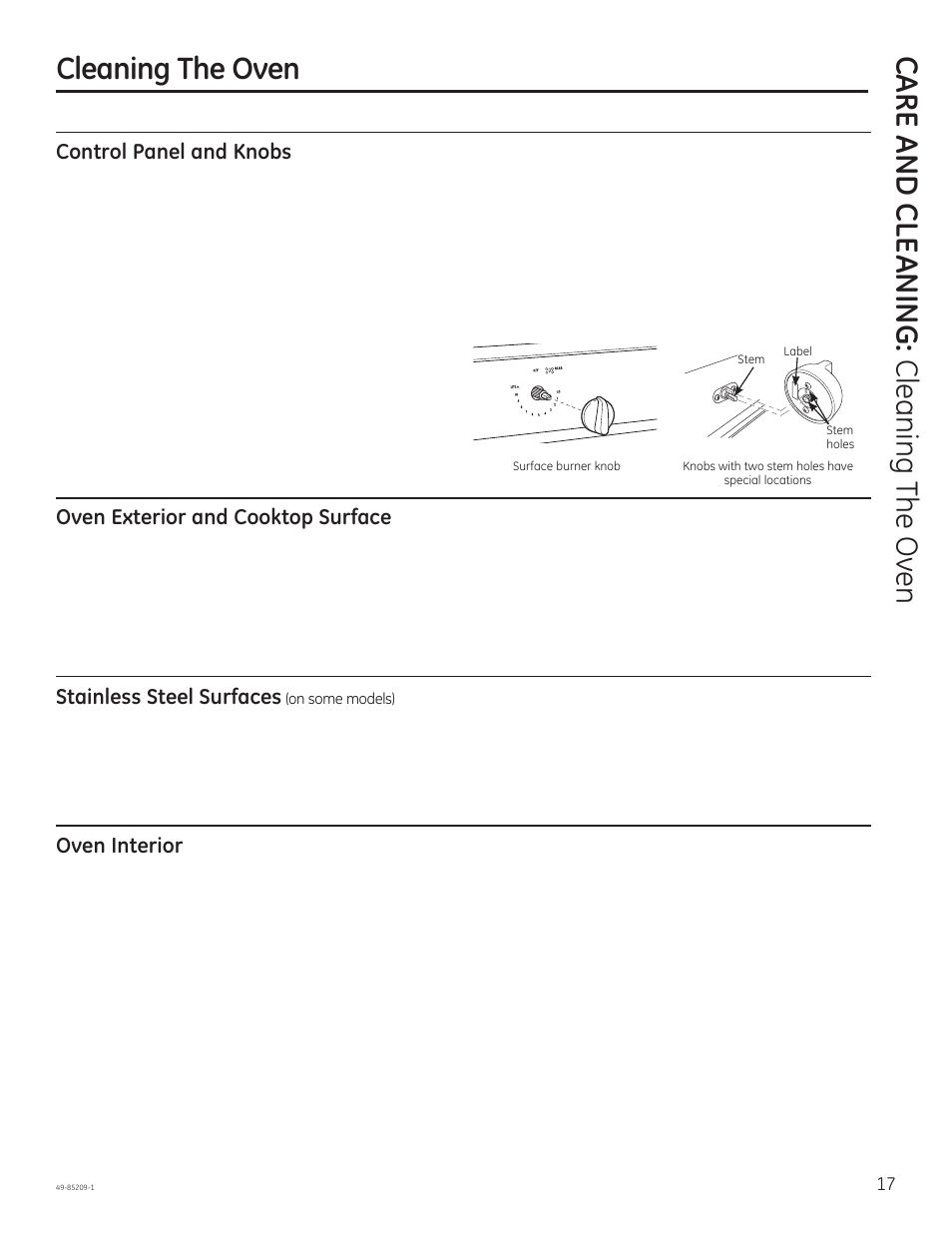 Control panel and knobs, Oven exterior and cooktop surface, Oven interior | Stainless steel surfaces | GE JGBS10GEFSA User Manual | Page 17 / 24