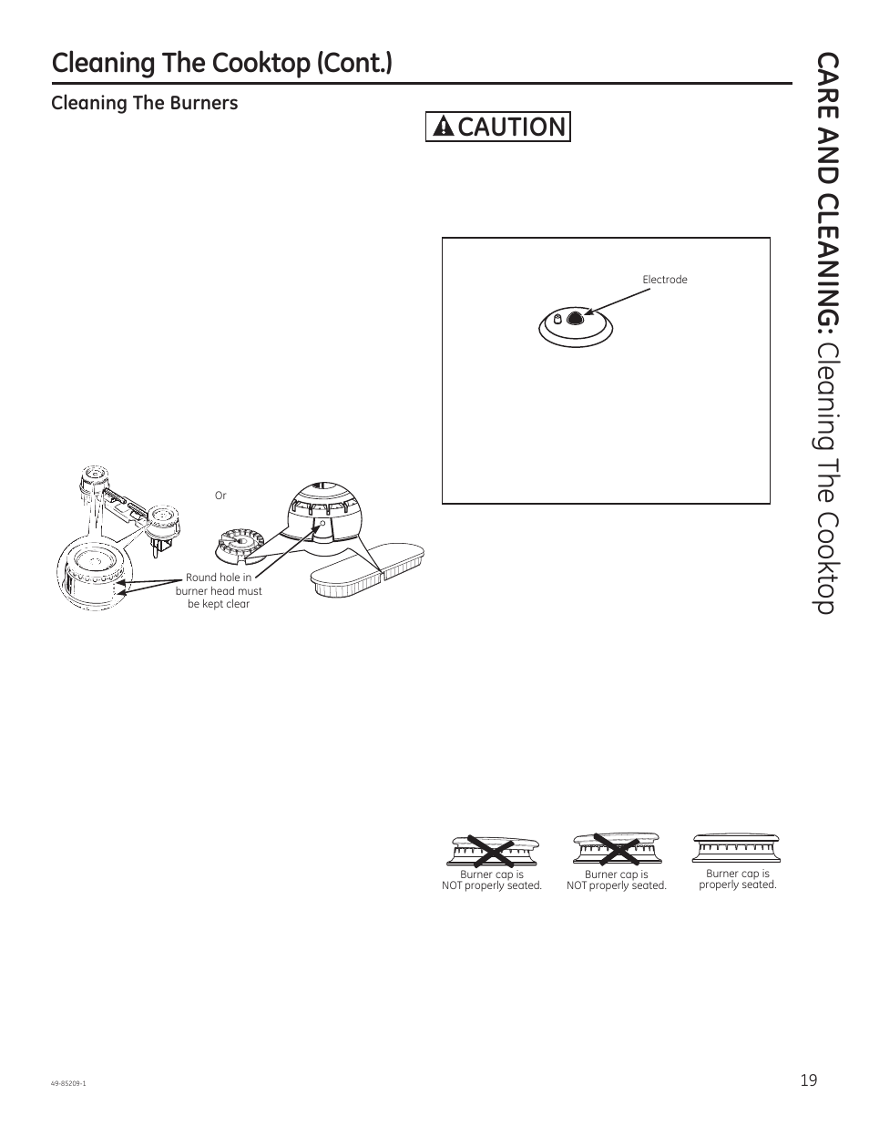 Care and cle aning: cleaning the cook top, Cleaning the cooktop (cont.), Caution | Cleaning the burners | GE JGBS10GEFSA User Manual | Page 19 / 24