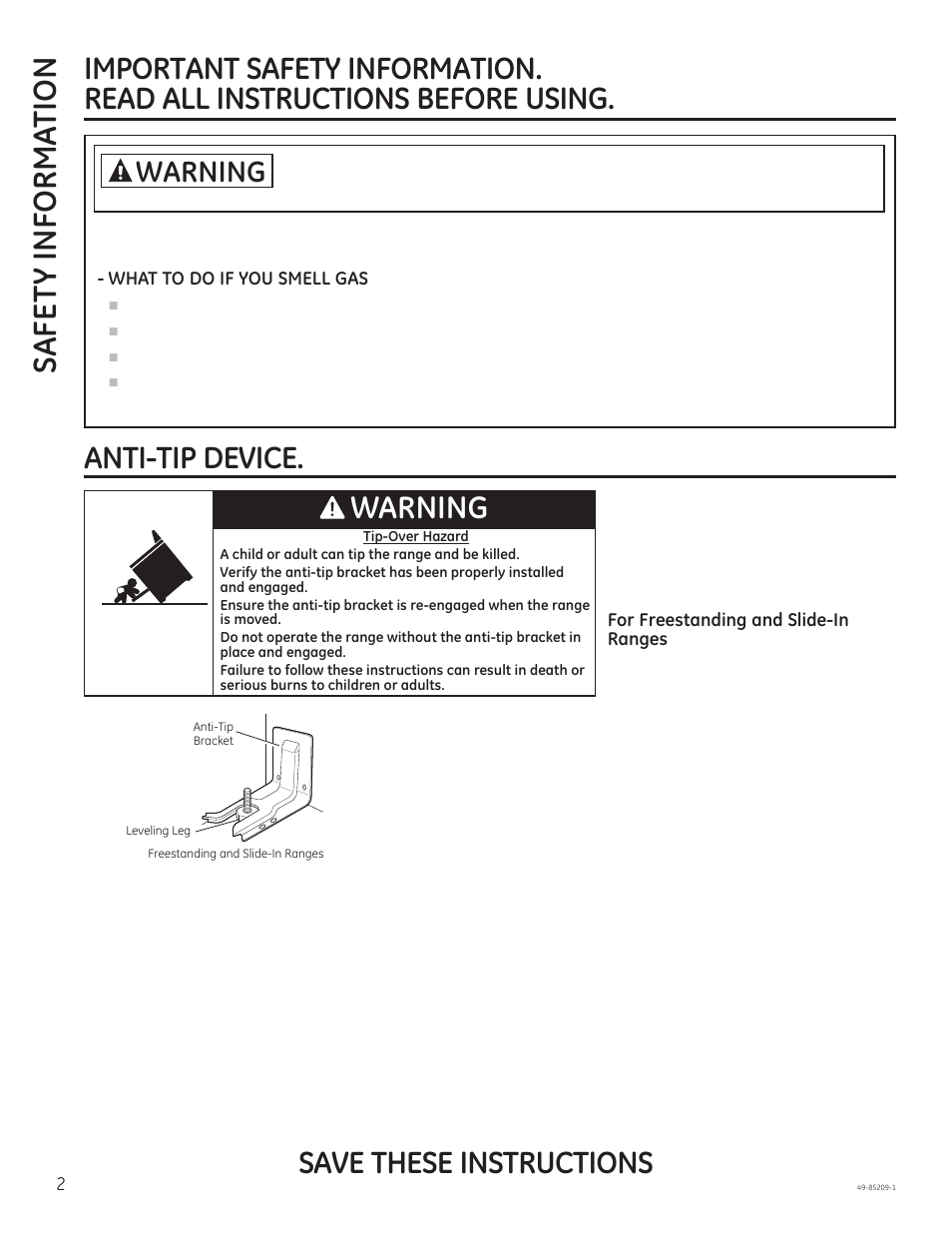 Safe ty informa tion, Warning | GE JGBS10GEFSA User Manual | Page 2 / 24