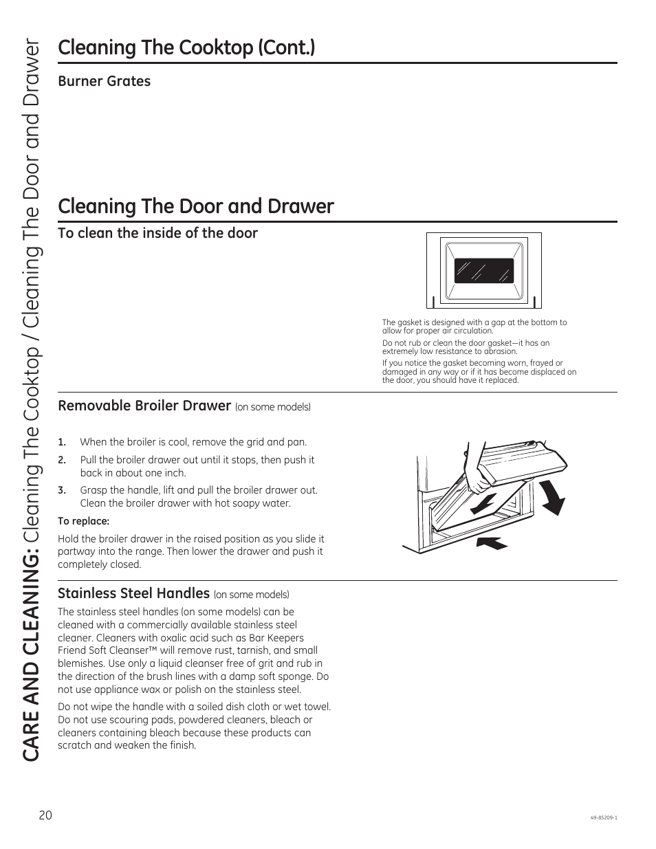 Care and cle aning, Cleaning the door and draw er, Cleaning the cooktop (cont.) | Cleaning the cook top, Cleaning the door and drawer | GE JGBS10GEFSA User Manual | Page 20 / 24