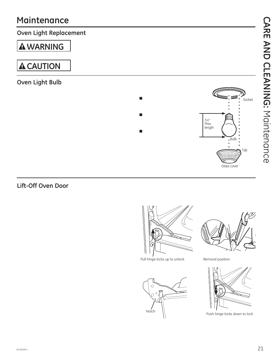 Care and cle aning: maintenance, Maintenance, Warning | Caution, Oven light replacement oven light bulb, Lift-off oven door | GE JGBS10GEFSA User Manual | Page 21 / 24