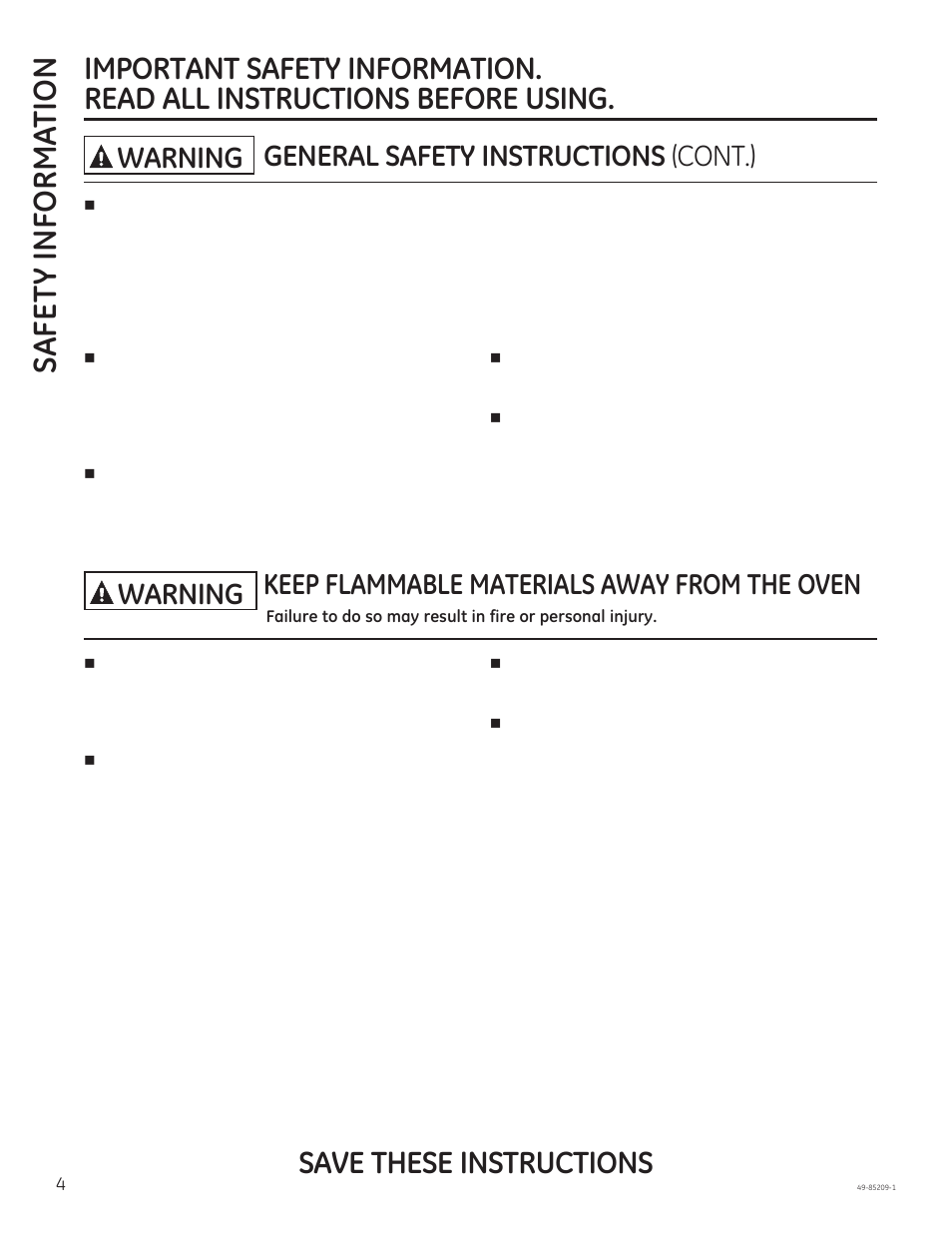Safe ty informa tion, Save these instructions, General safety instructions (cont.) warning | Keep flammable materials away from the oven, Warning | GE JGBS10GEFSA User Manual | Page 4 / 24