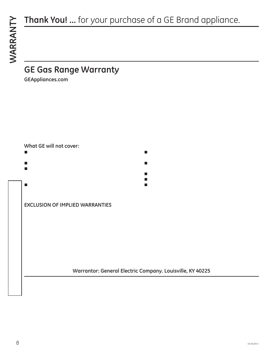 Wa rrant y, Ge gas range warranty | GE JGBS10GEFSA User Manual | Page 8 / 24