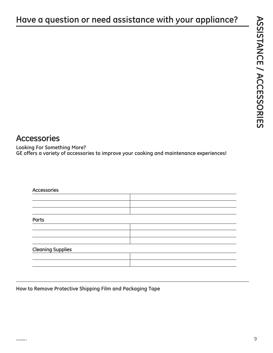 Assist ance / a c cessories | GE JGBS10GEFSA User Manual | Page 9 / 24