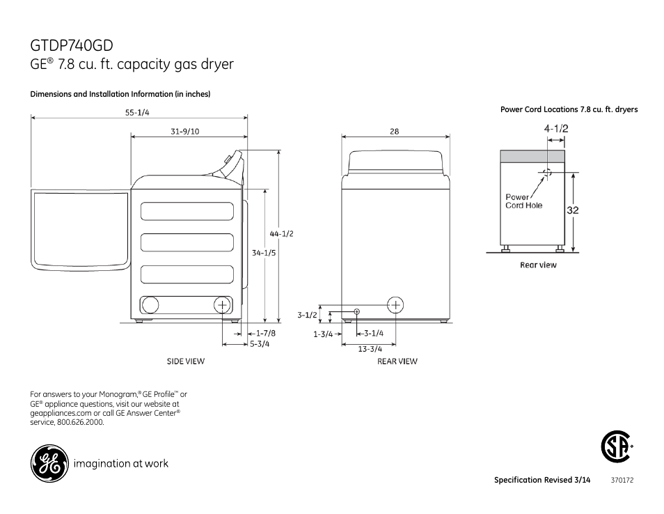 Gtdp740gd, 8 cu. ft. capacity gas dryer | GE GTDP740GDWW User Manual | Page 2 / 4