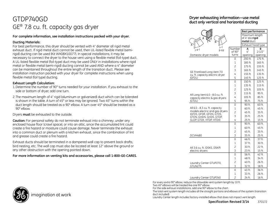 Gtdp740gd, 8 cu. ft. capacity gas dryer | GE GTDP740GDWW User Manual | Page 3 / 4