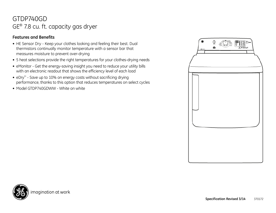 Gtdp740gd, 8 cu. ft. capacity gas dryer | GE GTDP740GDWW User Manual | Page 4 / 4