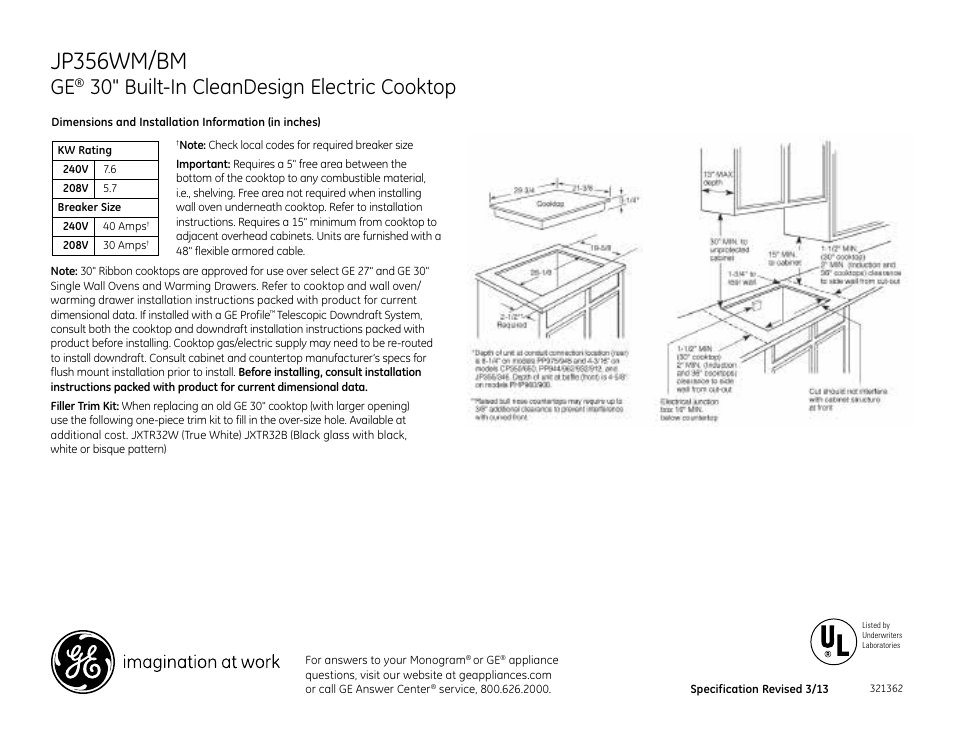 GE JP356WMWW User Manual | 2 pages