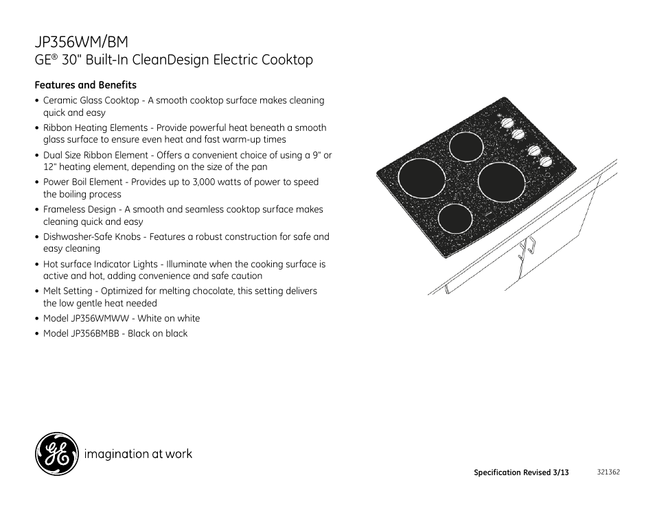 Jp356wm/bm, 30" built-in cleandesign electric cooktop | GE JP356WMWW User Manual | Page 2 / 2