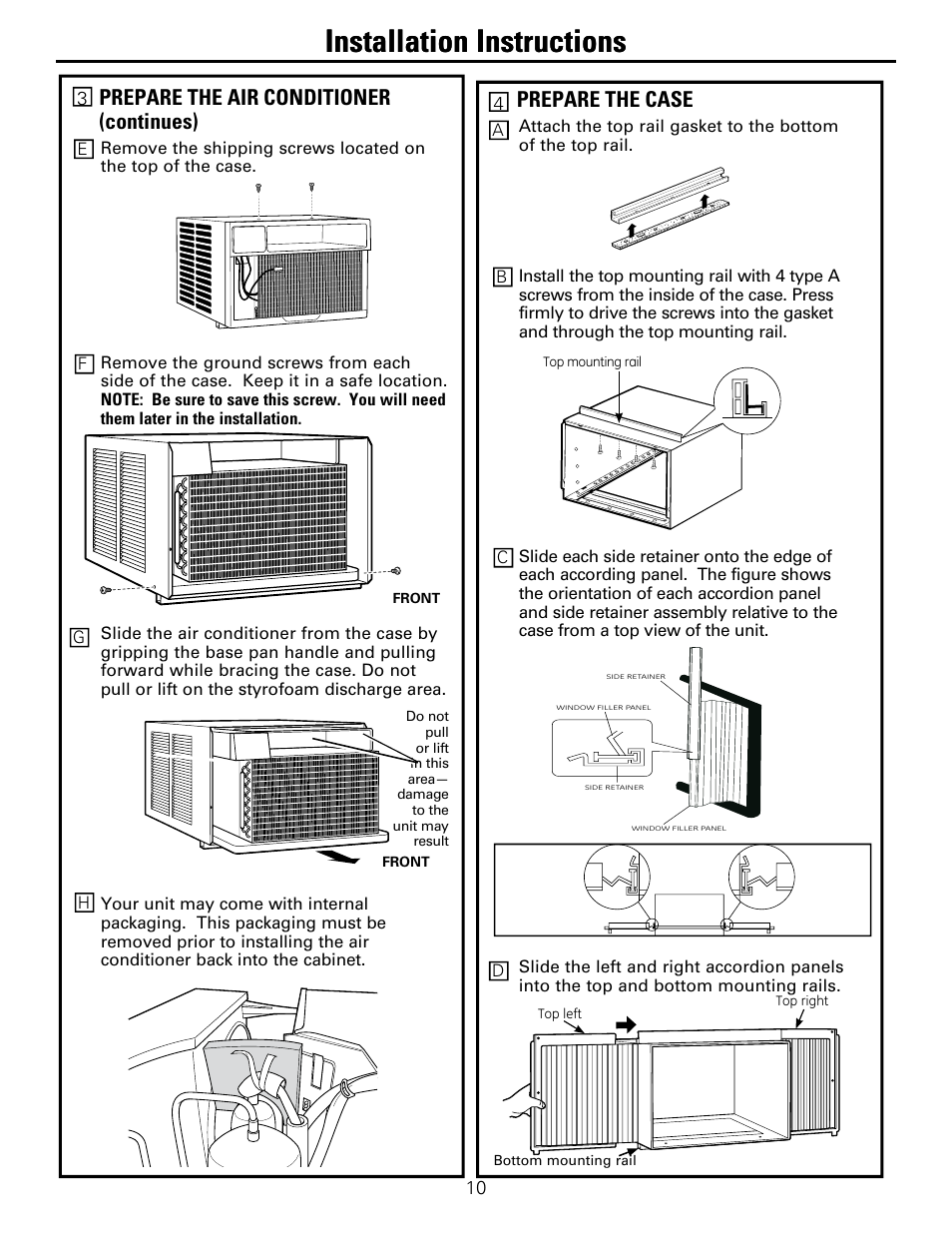 Installation instructions, Prepare the air conditioner (continues), Prepare the case | GE AEM25DP User Manual | Page 10 / 56