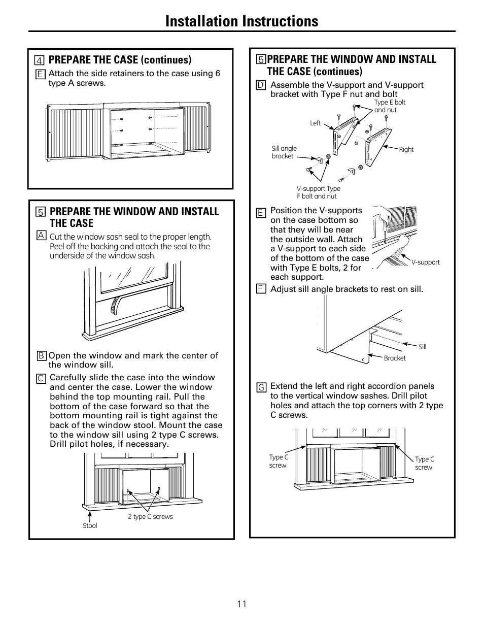 Installation instructions, Prepare the window and install the case, Prepare the case (continues) | GE AEM25DP User Manual | Page 11 / 56