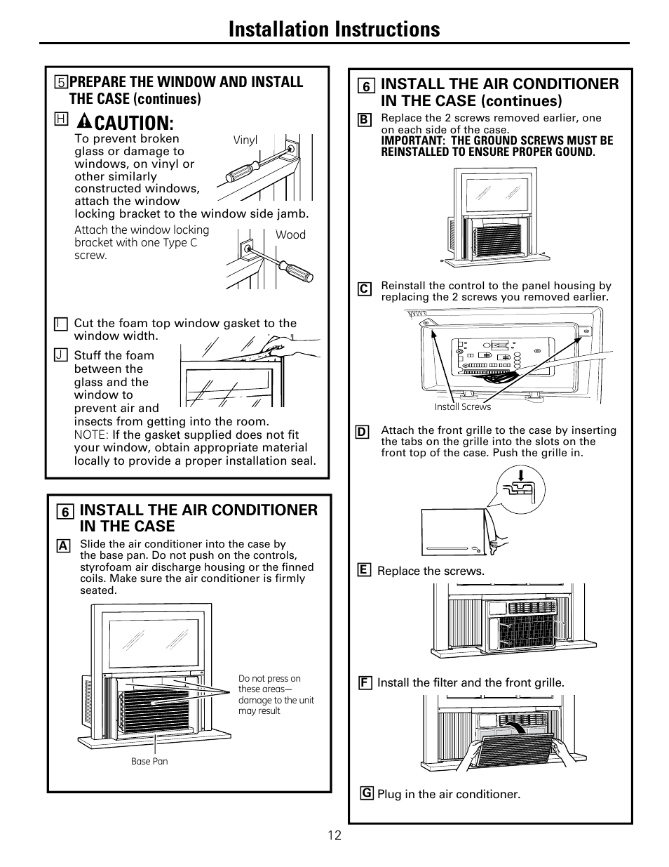 Installation instructions, Caution, Install the air conditioner in the case | GE AEM25DP User Manual | Page 12 / 56