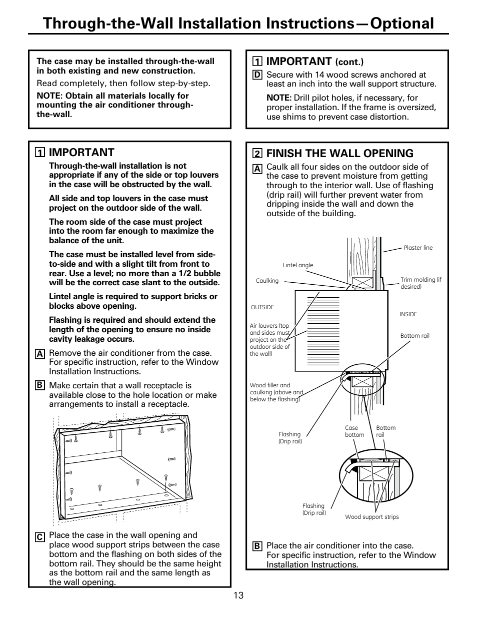 Important, Finish the wall opening | GE AEM25DP User Manual | Page 13 / 56