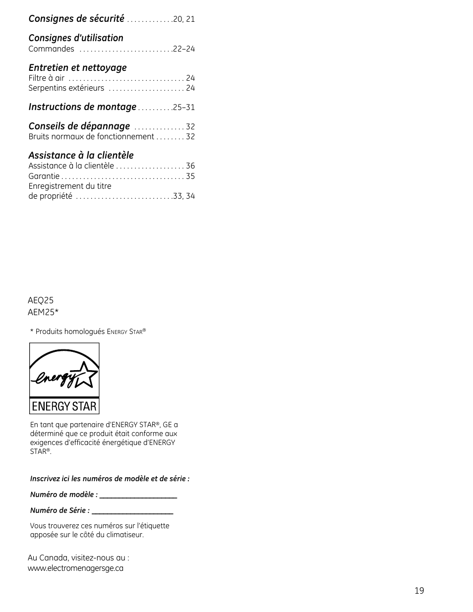 Consignes de sécurité, Consignes d’utilisation, Entretien et nettoyage | Instructions de montage, Conseils de dépannage, Assistance à la clientèle | GE AEM25DP User Manual | Page 19 / 56