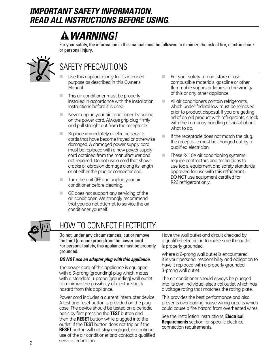 Warning, Safety precautions, How to connect electricity | GE AEM25DP User Manual | Page 2 / 56