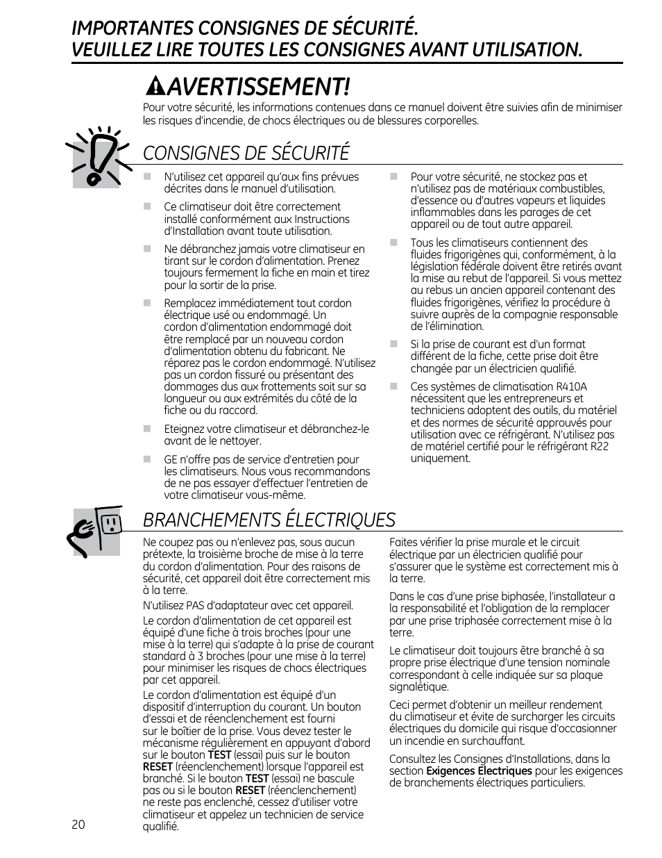 Avertissement, Consignes de sécurité, Branchements électriques | GE AEM25DP User Manual | Page 20 / 56