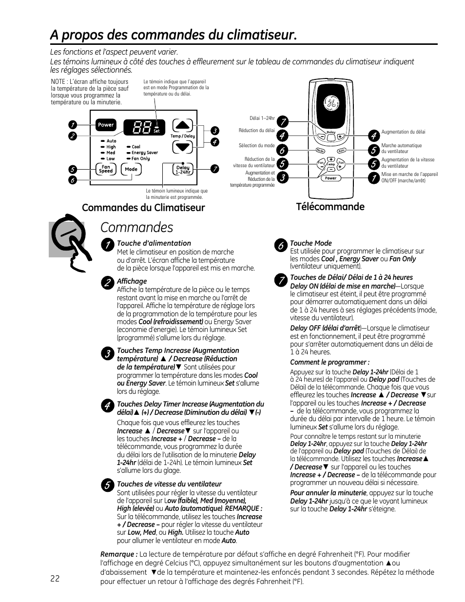 A propos des commandes du climatiseur, Commandes, Télécommande | Commandes du climatiseur | GE AEM25DP User Manual | Page 22 / 56