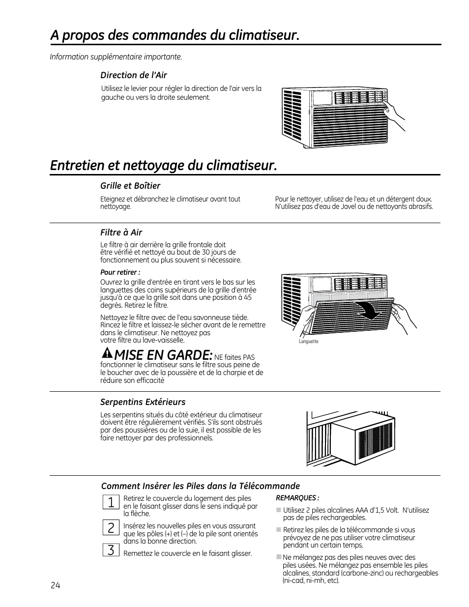 Mise en garde, A propos des commandes du climatiseur, Entretien et nettoyage du climatiseur | GE AEM25DP User Manual | Page 24 / 56