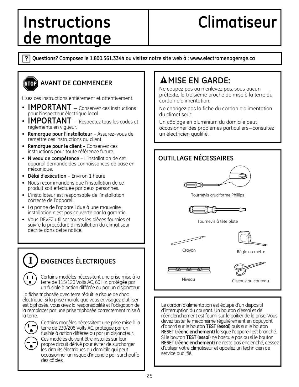 Instructions climatiseur, De montage, Important | Mise en garde | GE AEM25DP User Manual | Page 25 / 56